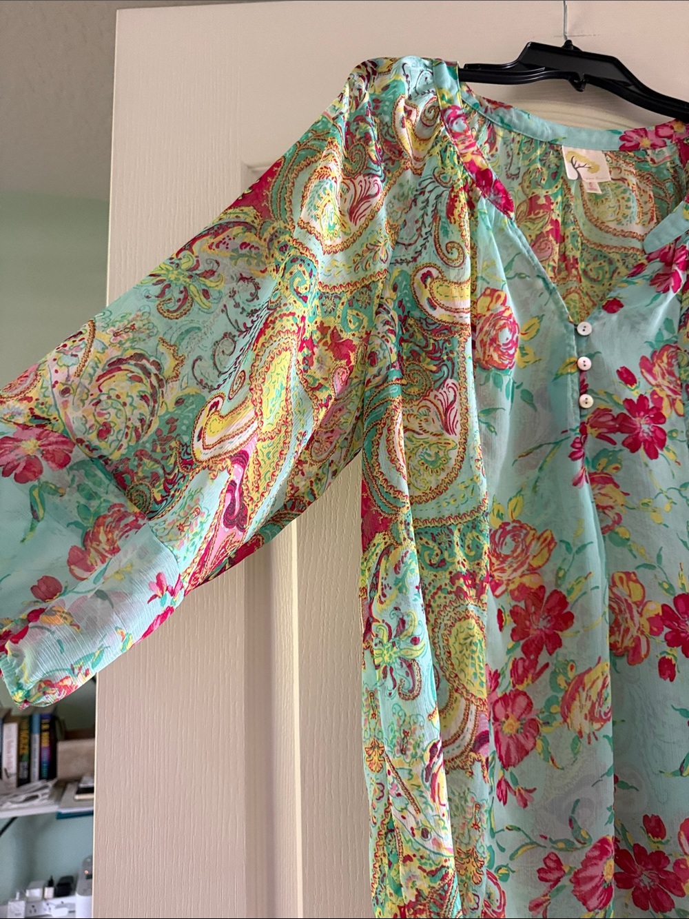 fig and flower Sheer Paisley Floral V-Neck Blouse in Aqua & Pink - Picture 5 of 6